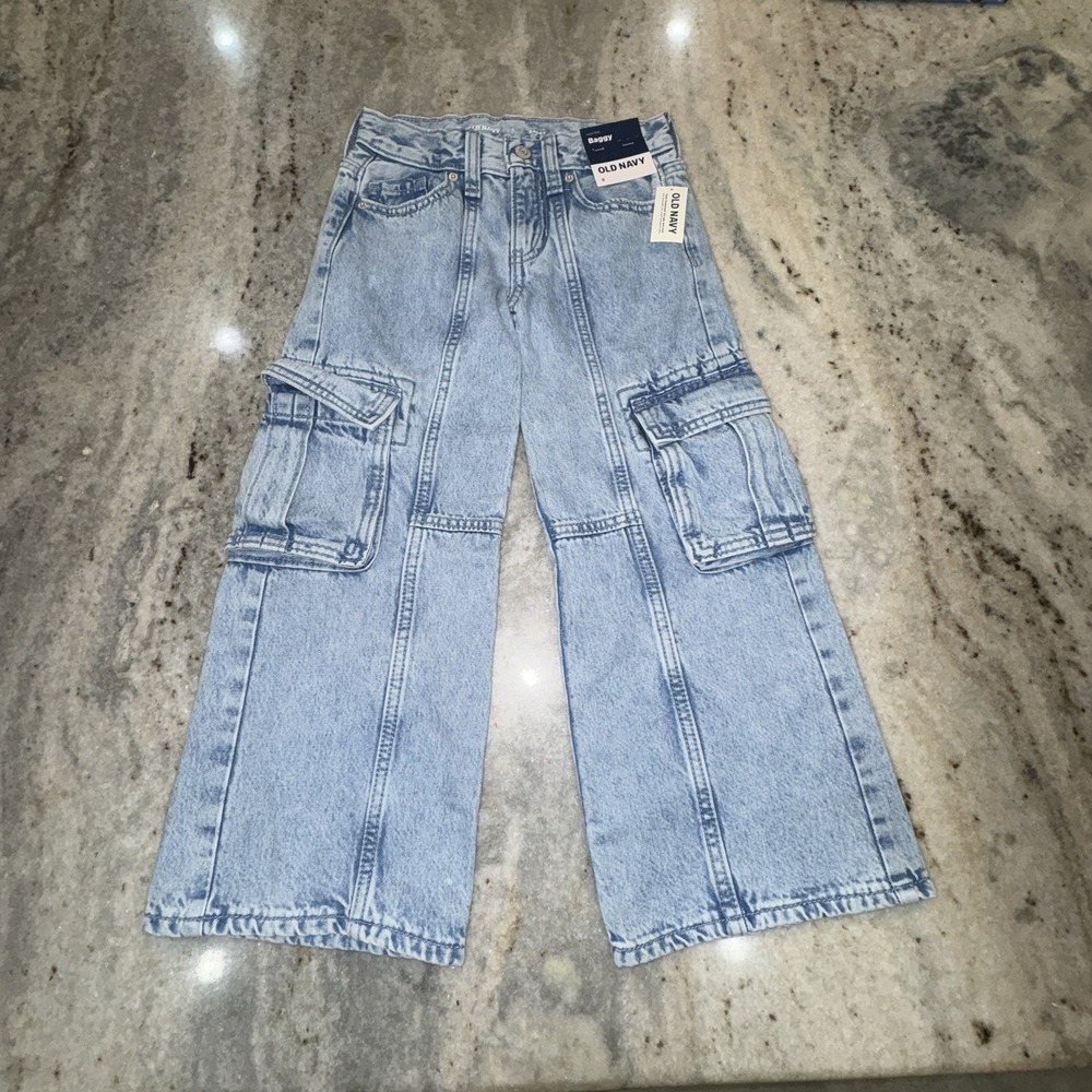 NWT Old Navy Girls Sz 6 Baggy Cargo Jeans Wide Leg High Rise Skater Light‎ Wash